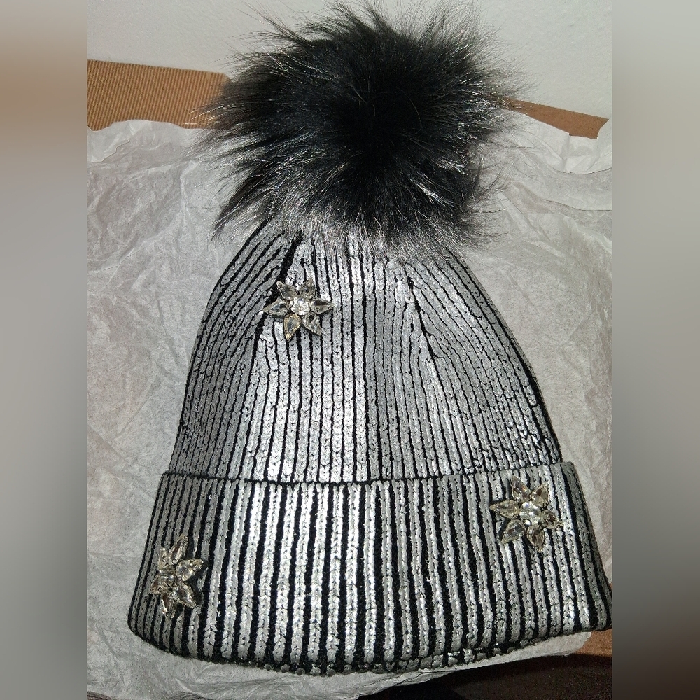 Silver and Black Beanie with Pom Pom